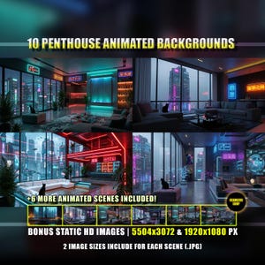 Op de afbeelding: Promotieafbeelding met 10 geanimeerde penthouse-achtergronden met neon stadsgezichten. De afbeelding bevat bonus statische HD-afbeeldingen in twee formaten. De tekst bevat "+6 meer geanimeerde scènes inbegrepen!" en "Naadloze lus".