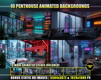 Animated Background Bundle - 10 Sci-Fi Penthouse Cityscape Scenes | Black Cat | Chill Loop | Vtuber | YouTube | Twitch | HD Stream Overlay