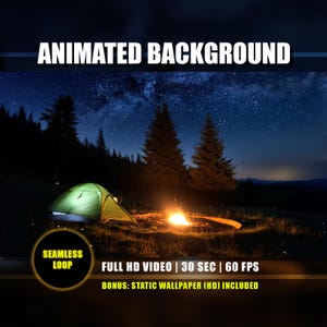 Animerad bakgrund - Nattlägereld, skog, tallar, stjärnor, campingtält live bakgrundsbild | Twitch Stream Vtuber Stream Overlay