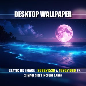 Moonlight Tropical Beach Desktop Wallpaper | Magical Neon Blue Waves | Nighttime Ocean Static Background | Digital Art Print Download