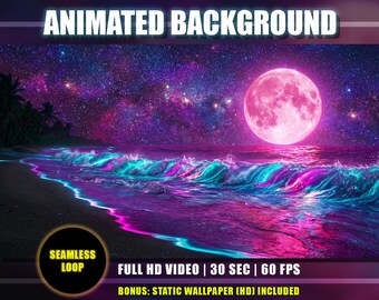 Animated Background - Moonlight Tropical Beach | Neon Teal Pink Waves Ocean | Milky Way Galaxy Sky | Twitch Vtuber Youtube