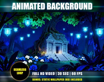 Secret Ancient Ruin - Animated Background | Blue Jungle Temple, Lantern Path, Peaceful Nature Flowers | Twitch Overlay, Vtuber Youtube