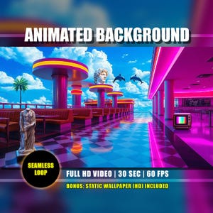 Pode incluir: Um fundo animado com uma cena de restaurante retrô. A imagem apresenta um esquema de cores rosa e roxo, com um chão xadrez, estátuas e golfinhos. O texto na imagem diz "ANIMATED BACKGROUND" e "SEAMLESS LOOP".
