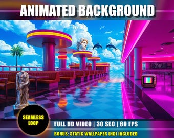 Animated Background - Vaporwave Outdoor Restaurant | Dolphins Retro Dreamcore Live Wallpaper Loop | Twitch YouTube VTuber Stream Overlay