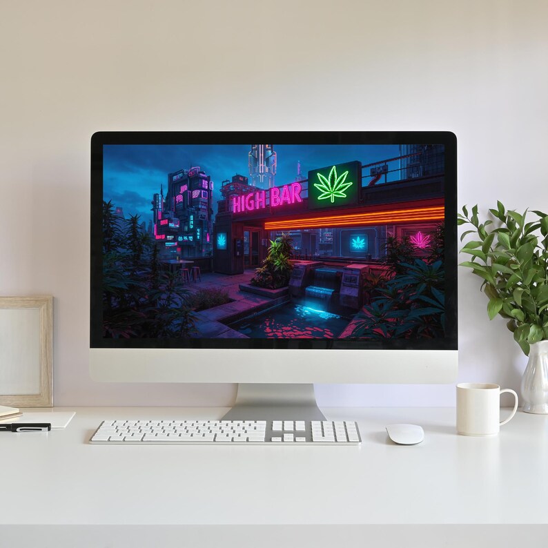 Weed Rooftop Lounge Animated Background, Cannabis Cyberpunk Cityscape ...