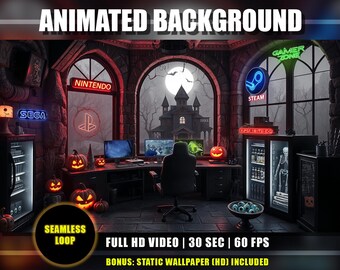 Animated Background | Spooky Gamer Zone 01 | Halloween Gaming Setup & Haunted House View | Dark Atmospheric Vtuber Twitch Youtube Overlay