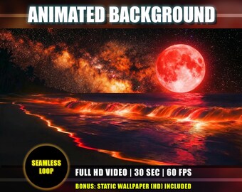 Animated Background - Moonlight Tropical Beach | Neon Red Waves Ocean | Milky Way Galaxy Sky | Twitch Vtuber Youtube