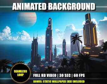 Animated Background - Sci-fi Cityscape Shore | Cyberpunk Futuristic City Beach Coast | Vtuber YouTube Twitch Overlay