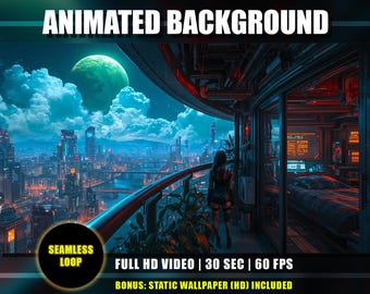 Animated Background - Sci-Fi Cityscape | Otherworld Cyberpunk City Balcony with Woman | Vtuber YouTube Twitch Overlay