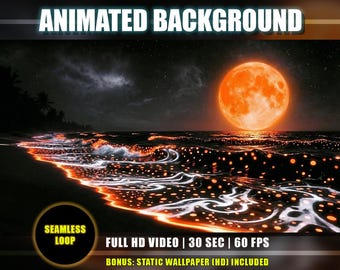 Animated Tropical Beach Background – Orange Spotted Bioluminescent Waves, Moonlight Sky (Digital Download)