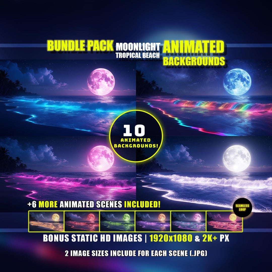 Ihm Background Animated Background Bundle - 10 Moonlight Tropical Beach Scenes ...