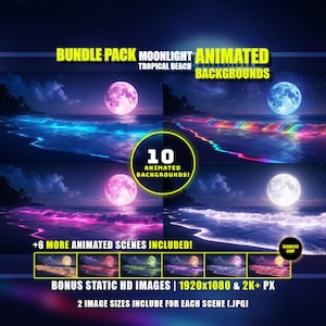Puede incluir: Un paquete de arte digital con fondos animados de una playa tropical bajo la luz de la luna llena. La imagen muestra varias escenas con colores vibrantes, incluyendo tonos rosas, azules y arcoíris. El texto en la imagen dice "BUNDLE PACK MOONLIGHT ANIMATED BACKGROUNDS".
