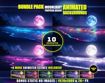Animated Background Bundle - 10 Moonlight Tropical Beach Scenes | Magical Neon Waves | Nighttime Ocean | Youtube Twitch Vtuber Loop