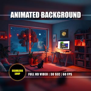 Fondo animado de Vtuber, acogedor estudio lo-fi, ambiente relajado, relajante vista nocturna estrellada desde la ventana, transmisión de YouTube Twitch HD en bucle.