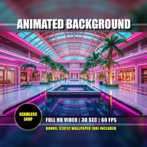 Animerad bakgrund - Vaporwave Retro Mall | Neonrosa ljus, Shopping Liminal Space | Twitch YouTube VTuber Overlay