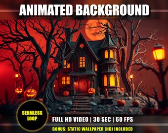 Animated Background - Spooky Haunted House Night, Red Sky Moon, Halloween Pumpkins Live Wallpaper, Twitch YouTube VTuber Stream Overlay Loop