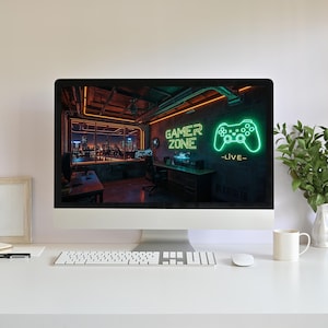 Animowane tło, Cyberpunk Gamer Zone Room, Neon Game Controller, Cityscape, PC Gaming Desk, Twitch Youtube Vtuber Stream Looping Video zdjęcie 2