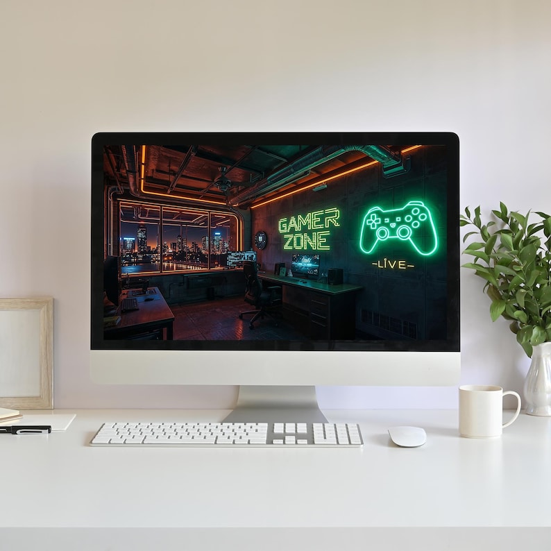 Animowane tło, Cyberpunk Gamer Zone Room, Neon Game Controller, Cityscape, PC Gaming Desk, Twitch Youtube Vtuber Stream Looping Video zdjęcie 2
