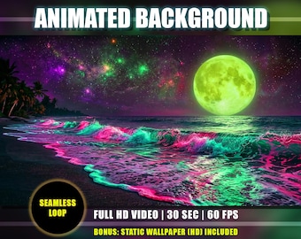 Sfondo animato - Spiaggia tropicale al chiaro di luna / Onde magiche rosa e verdi al neon / Oceano notturno / Youtube Twitch Vtuber