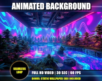 Animated Background - Psychedelic Marijuana Garden Pond Studio | Trippy Vibrant Neon Blue Pink Waves Live Wallpaper | Twitch YouTube VTuber
