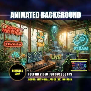 Peut inclure: Image d'arrière-plan animé avec une configuration de jeu dans une pièce sur le thème de la jungle. Des enseignes au néon pour Super Nintendo, PlayStation, N64 et Steam sont visibles. Le texte comprend : "ANIMATED BACKGROUND", "FULL HD VIDEO | 30 SEC | 60 FPS", et "BONUS: STATIC WALLPAPER (HD) INCLUDED".