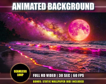 Animated Background - Moonlight Tropical Beach | Neon Orange Pink Waves Ocean | Milky Way Galaxy Sky | Twitch Vtuber Youtube