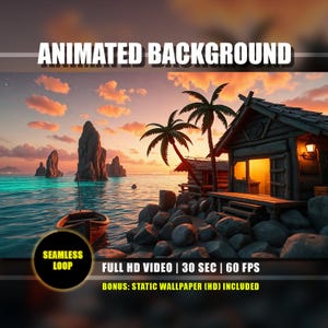 Può includere: Immagine di sfondo animato con una scena di spiaggia tropicale al tramonto. L'immagine include una piccola capanna di legno, palme, una barca e formazioni rocciose nell'oceano. Il testo recita "ANIMATED BACKGROUND" e "SEAMLESS LOOP".