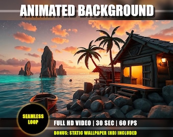 May include: An animated background image featuring a tropical beach scene at sunset. The image includes a small wooden hut, palm trees, a boat, and large rock formations in the ocean. Text on the image reads "ANIMATED BACKGROUND" and "SEAMLESS LOOP".
