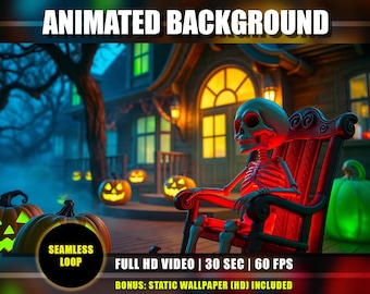 Animated Background - Skeleton Rocking Chair Halloween Haunted House Night Porch Pumpkin Live Wallpaper Twitch YouTube VTuber Stream Overlay
