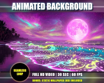 Tropical Beach Animated Background – Multicolor Spotted Bioluminescent Waves, Pink Moonlight Night Sky (Digital Download)
