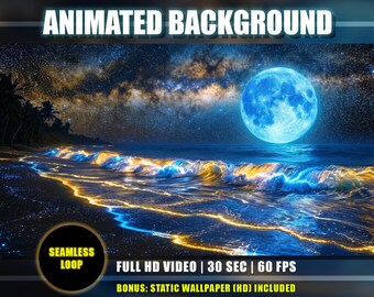 Animated Background - Moonlight Tropical Beach | Neon Yellow Blue Waves Ocean | Milky Way Galaxy Sky | Twitch Vtuber Youtube