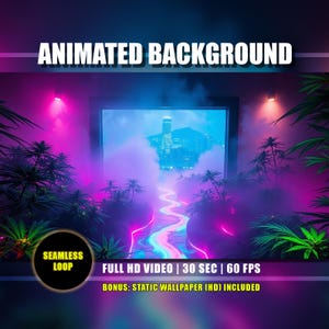 May include: An animated background with a neon-lit cityscape scene. The image features a vibrant color palette of pink, blue, and green, with the text "ANIMATED BACKGROUND" at the top. Additional text includes "SEAMLESS LOOP", "FULL HD VIDEO | 30 SEC | 60 FPS", and "BONUS: STATIC WALLPAPER (HD) INCLUDED".