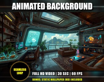 May include: An animated background image featuring a futuristic interior with a large window overlooking a tropical landscape. The scene includes a desk, sofa, and a glowing holographic display. Text on the image reads "ANIMATED BACKGROUND" and "FULL HD VIDEO | 30 SEC | 60 FPS".
