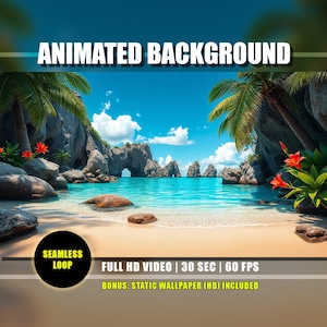 Könnte beinhalten: Ein animierter Hintergrund mit einer tropischen Strandszene mit türkisfarbenem Wasser, weißem Sand und Palmen. Der Text "ANIMATED BACKGROUND", "SEAMLESS LOOP", "FULL HD VIDEO | 30 SEC | 60 FPS" und "BONUS: STATIC WALLPAPER (HD) INCLUDED" ist enthalten.