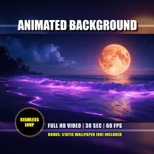 Animerad bakgrund - Tropisk strand i månsken | Magiska neonlila vågor | Nattlig havsmiljö | Youtube Twitch Vtuber Stream Loop