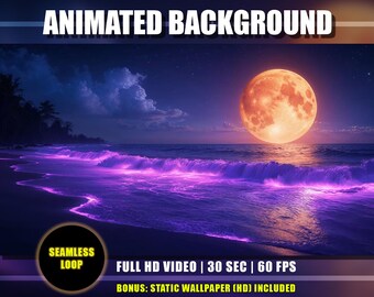 Animierter Hintergrund - Mondschein Tropischer Strand | Magische Neon Lila Wellen | Nächtliche Ozean Umwelt | Youtube Twitch Vtuber Stream Loop