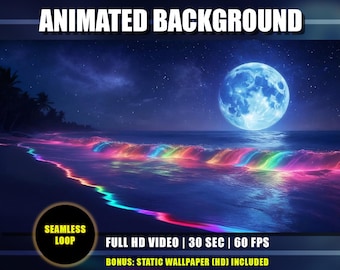 Animated Background - Moonlight Tropical Beach | Magical Neon Rainbow Waves | Nighttime Ocean Environment | Youtube Twitch Vtuber Loop