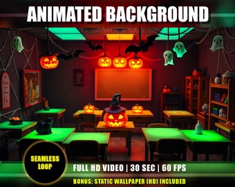 Animated Background - Classroom Halloween 02 | Neon Green Glow Spooky Pumpkin Ghost Haunted School Live Wallpaper VTuber YouTube Twitch Loop