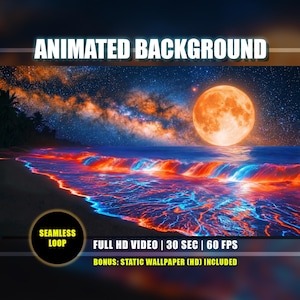 Puede incluir: Imagen de fondo animada de una escena de playa con olas rojas y azules. El cielo muestra una noche estrellada con una luna naranja. El texto incluye "ANIMATED BACKGROUND", "SEAMLESS LOOP" y especificaciones de video.