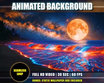 Animated Background - Moonlight Tropical Beach | Neon Orange Blue Waves Ocean | Milky Way Galaxy Sky | Twitch Vtuber Youtube