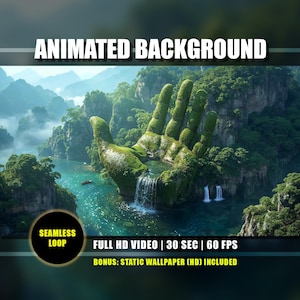 May include: An animated background image showing a hand-shaped island with waterfalls and green vegetation. The text "ANIMATED BACKGROUND" is at the top, with "SEAMLESS LOOP" and video details at the bottom.