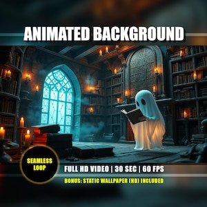 May include: A digital illustration of a spooky library scene with a ghost reading a book. The room is filled with bookshelves, candles, and a large stained-glass window. Text reads "ANIMATED BACKGROUND" and "SEAMLESS LOOP".