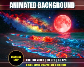 Animated Background - Moonlight Tropical Beach | Neon Red Blue Waves Ocean | Milky Way Galaxy Sky | Twitch Vtuber Youtube
