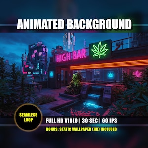 Animerad bakgrund för taklounge med cannabis, stadsbild för cannabiscyberpunk, live-bakgrundsbild för nattbar med marijuana | VTuber Twitch Youtube