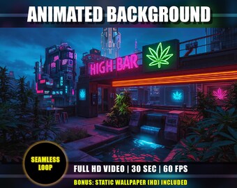Weed Rooftop Lounge Animated Background, Cannabis Cyberpunk Cityscape, Marijuana Night Bar Live Wallpaper Overlay | VTuber Twitch Youtube