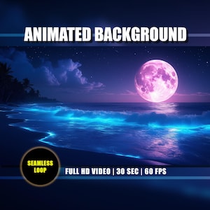 Może przedstawiać: Animowane tło przedstawiające plażę nocą. Scena ukazuje duży, różowy księżyc nad oceanem, z świecącymi niebieskimi falami i gwiaździstym niebem. U góry widnieje napis "ANIMATED BACKGROUND".