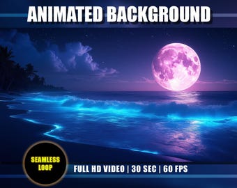 Animowane tło – Moonlight Tropical Beach | Magiczne neonowo-niebieskie fale | Nocne środowisko oceanu | Transmisja na YouTube, Twitchu i Vtuberze | Pętla