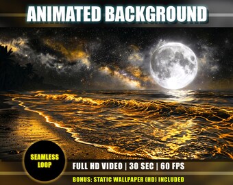 Animated Moonlight Tropical Beach Background | Golden Waves Ocean | Milky Way Galaxy Sky | Twitch Vtuber Youtube