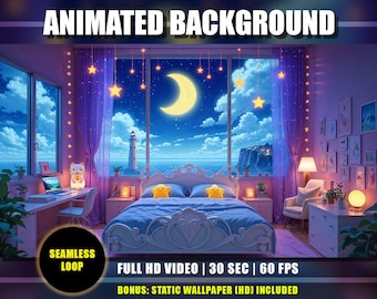 Animerad bakgrund för mysigt sovrum, Twitch Stream Vtuber Overlay (digital nedladdning)