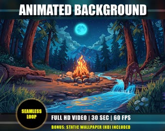 Animated Background - Campfire Forest Night with River Deer Moon | Lofi Cozy Vtuber Twitch Stream Overlay